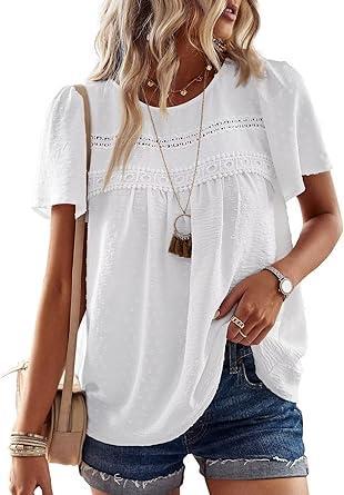 Visit the Falechay Store Falechay Womens Summer Tops Crewneck Short Sleeve Shirts Casual Chiffon Blouses Flowy Lace Hem Boho Clothing Trendy 2026