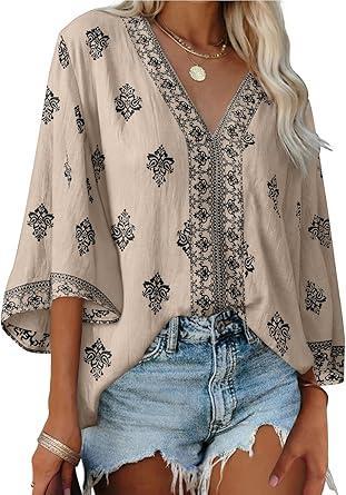 Visit the SHEWIN Store SHEWIN Womens Summer Tops Casual Floral Print Deep V Neck 3/4 Sleeve Blouses Dressy Boho Vacation Tunic Tops