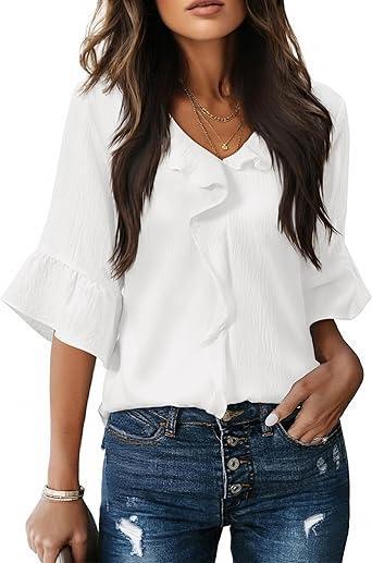 Visit the siliteelon Store siliteelon Womens Blouses Dressy Casual 3/4 Sleeve Ruffle Bell Top Ladies Business Formal Work Shirt Spring Trendy 2026