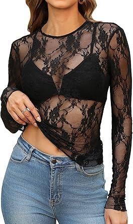 Visit the OFEEFAN Store OFEEFAN Womens Mesh Tops Lace Long Sleeve Shirts Crewneck Slim Fitted Outfits See Through Blouses