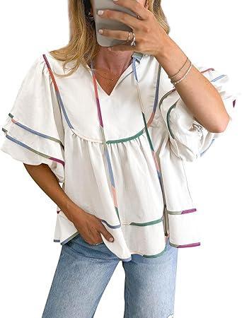 Visit the Cicy Bell Store Cicy Bell Womens Summer Babydoll Tops V Neck Short Lantern Sleeve Shirts Cute Loose Fit Peplum Flowy Blouses