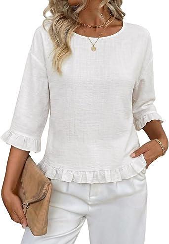 Visit the siliteelon Store siliteelon Womens 3/4 Sleeve Tops Summer Tshirts Ruffle Flowy Crew Neck Dressy Casual Blouses 2026 Trendy Cute Work Outfits