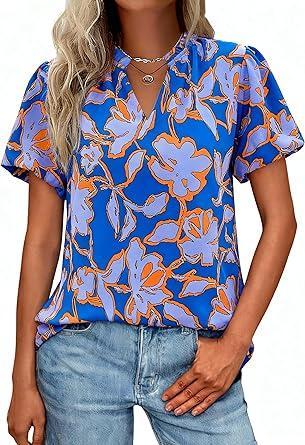 Visit the MASCOMODA Store MASCOMODA Boho Short Sleeve Floral Work Blouses for Women Dressy Casual V Neck Puff Sleeve Loose Chiffon Flowy Tops Shirts