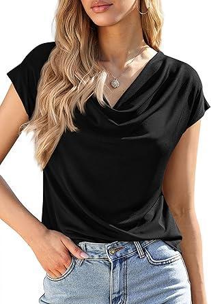 Visit the PRETTYGARDEN Store PRETTYGARDEN Womens Tops Dressy Casual Clothing 2026 Summer Cowl Neck Short Sleeve Blouses Spring Business Work Office Shirts