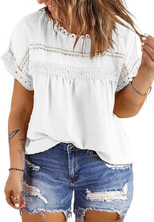 Visit the Eytino Store Eytino Women Plus Size Tops Crewneck Short Sleeve Lace Crochet Loose Casual Summer Blouses Shirts(1X-5X)