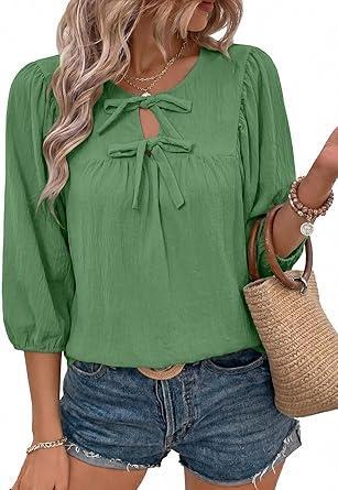 Visit the SHEWIN Store SHEWIN Womens Tops 3/4 Sleeves Blouse Babydoll Dressy Casual Top Elegant Bow Tie Loose Ladies Shirts 2026