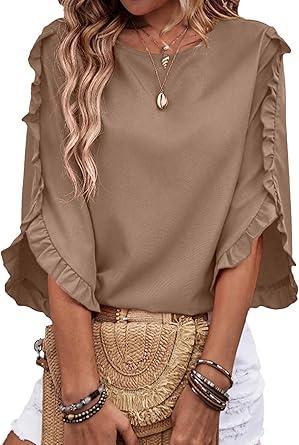 Visit the EVALESS Store EVALESS 3/4 Length Sleeve Womens Tops Dressy Casual Blouses Crewneck Ruffle Sleeve Shirts Summer Outfits Business Work Tops