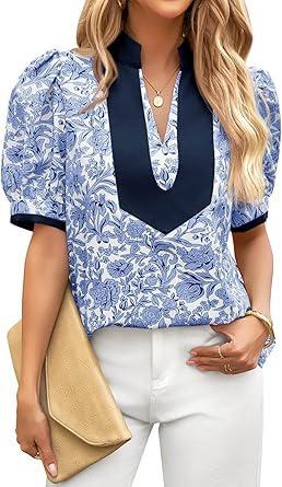 Visit the Cicy Bell Store Cicy Bell Womens Floral Short Puff Sleeve Tops V Neck Patchwork Boho Summer Vacation Casual Blouses