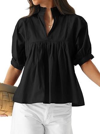 Visit the Cicy Bell Store Cicy Bell Womens Puff Sleeve V Neck Blouse Babydoll Peplum Tops Dressy Casual Pleated Loose Fit Shirts