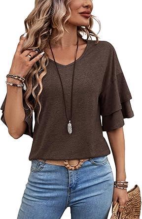 Brand: FUNBANG Womens Blouses Ruffle 3/4 Length Sleeve Tops V Neck Dressy Casual Outfit Spring Summer Fall Fashion Vacation Clothes