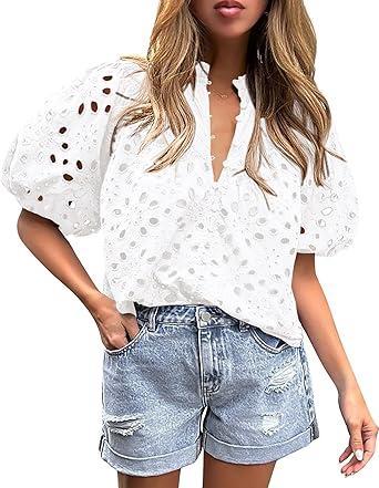 Visit the PRETTYGARDEN Store PRETTYGARDEN Women's Summer Tops 2026 Dressy Casual Short Sleeve V Neck Buttons Hollow Eyelet Lace Embroidered Blouses Shirts