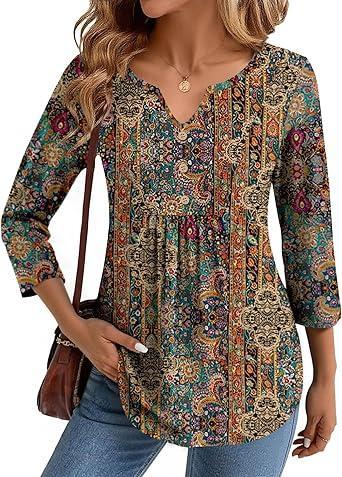 Visit the Zeagoo Store Zeagoo Womens 3/4 Length Sleeve Tops V Neck Dressy Casual T Shirts Pleated Business Work Blouses Basic Tees S-3XL