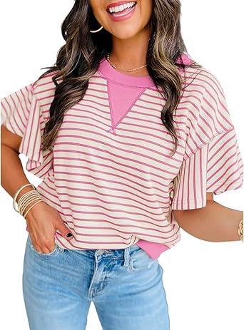 Visit the whoinshop Store Women's Summer Striped Ruffle Short Sleeve Tops Contrast Color Block 2026 Round Neck Loose Fit Cute Casual Top Blouse
