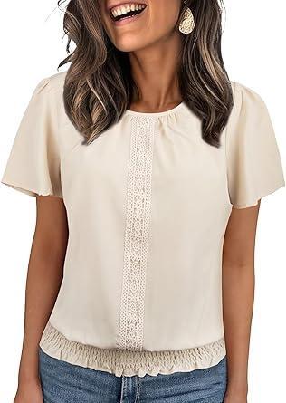 Visit the Falechay Store Falechay Womens Summer Tops Scoop Neck Ruffle Sleeve Shirts Cute Pleated Front Blouses Dressy Casual 2026