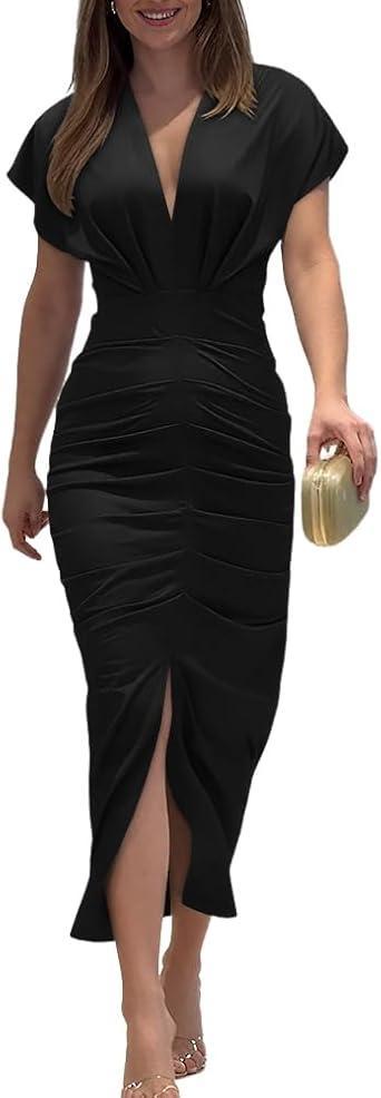 Visit the CHICME Store CHICME Summer Dresses for Women Floral Print Plunge V Neck Midi Dress Casual Ruched Slit Bodycon Party Dress