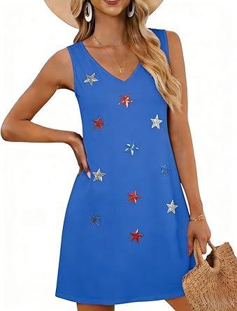 Visit the MNLYBABY Store MNLYBABY 4th of July Dress American Flag V Neck Sleeveless Dresses Sequin Patriotic Mini Tank Sundress