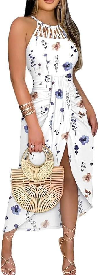 Visit the CHICME Store CHICME Womens Summer Halter Floral Print Ruched Bodycon Midi Dresses Hollow Out Vacation Dress
