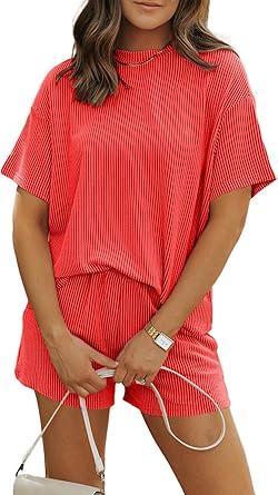 Visit the MARZXIN Store MARZXIN Women 2 Piece Shorts Set 2026 Casual Summer Cruise Outfits Ribbed Loose Short Sleeve Pocket Matching Lounge Sets
