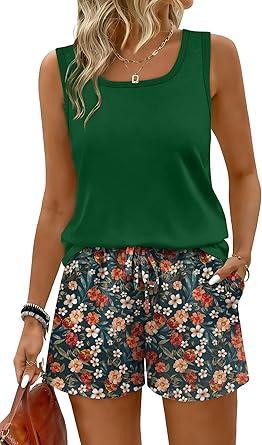 Visit the WIHOLL Store WIHOLL Two Piece Sets for Women Summer Lounge Short Sets Tank Square Neck Sleeveless Sweatsuit with Pocket