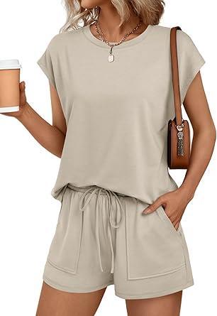Visit the AUTOMET Store AUTOMET Womens Crew Neck Two Piece Short Sets Cap Sleeve Drawstring Summer Sweatsuit with Pocket