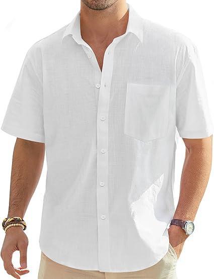 Visit the J.VER Store J.VER Men's Linen Short Sleeve Shirts Cotton Casual Lightweight Button Down Shirt Beach Vacation Summer Tops with Pocket