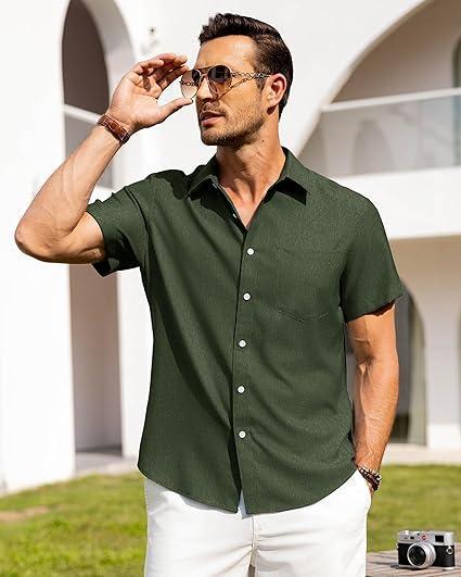 Visit the Alimens & Gentle Store Alimens & Gentle Mens Linen Shirts Short Sleeve Button Down Shirts Wrinkle Free Casual Vacation Beach Summer Tops