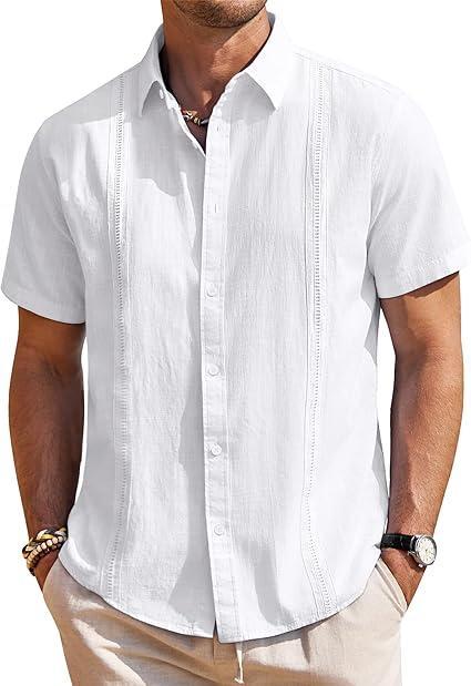 Visit the J.VER Store Mens Linen Shirts Short Sleeve Button Down Shirt Casual Cuban Guayabera Lightweight Summer Beach Solid Tops