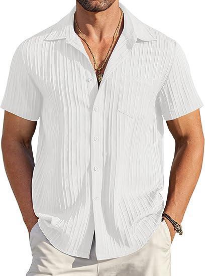 Visit the COOFANDY Store COOFANDY Men's Casual Button Down Shirts Short Sleeve Textured Summer Beach Shirt with Pocket