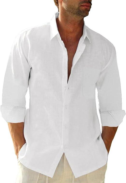 Visit the JEKAOYI Store JEKAOYI Button Down Linen Shirts for Men Casual Long Sleeve Regular Fit Cotton Beach Shirts with Pocket