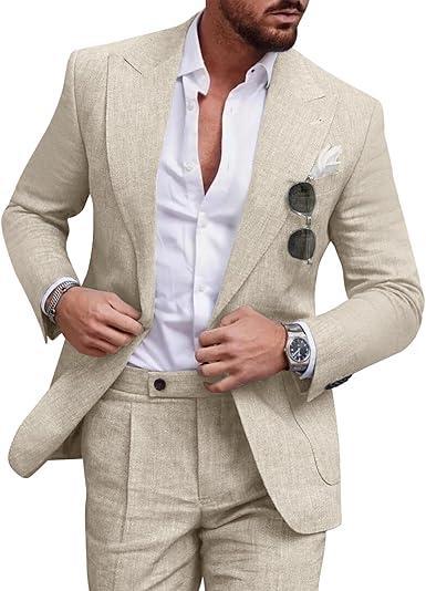 Visit the Diaryan Store Linen Men Suit Set Casual Tuxedo 2 Piece Regular Fit Blazer One Button Solid Jacket and Pants for Prom Wedding Party