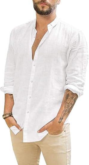 Visit the JEKAOYI Store JEKAOYI Mens Summer Casual Long Sleeve Cotton Linen Shirts Button Up Solid Plain Roll-Up Sleeve Beach Shirts