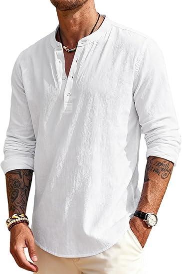 Visit the QOSOQ Store Men's Linen Shirts Henley T-Shirts Long Sleeve Casual Beach T-Shirts Solid Tops Shirts for Men