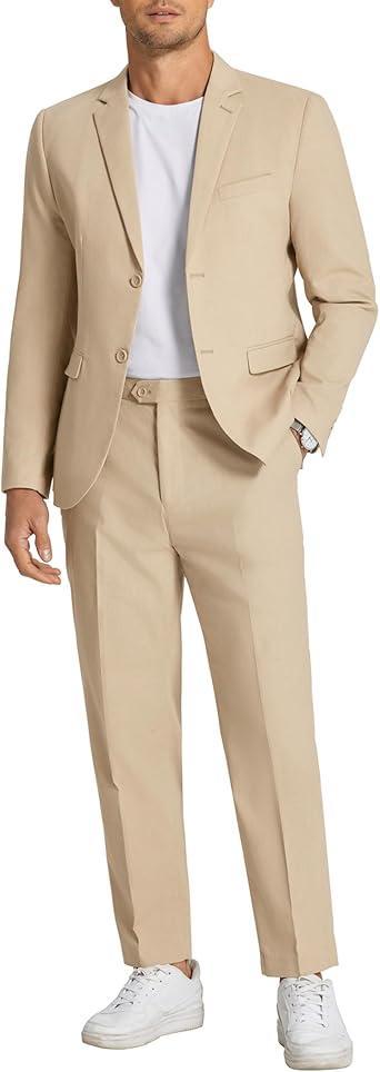 Visit the COOFANDY Store COOFANDY Men's 2 Piece Linen Suits Set Regular Fit Casual Linen Lightweight Suit Summer Beach Wedding