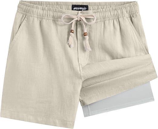 Visit the maamgic Store maamgic Mens Casual Linen Shorts 5/7 Inch Elastic Waist Drawstring Summer 2 in 1 Beach Short with Pockets