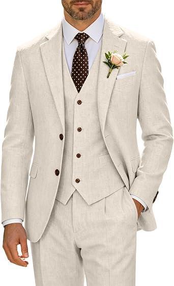 Visit the High-End Suits Store High-End Suits Retro Linen Suit for Men Casual Wedding Suit for Men Slim Fit 3 Pieces Jacket Blazer Vest Pant Groom Tuxedo