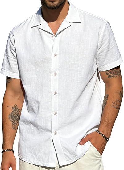 Visit the LINENNMAIN Store Mens Cotton Linen Shirt Casual Lightweight Button Down Shirt Short Sleeve Summer Beach Vacation Tops