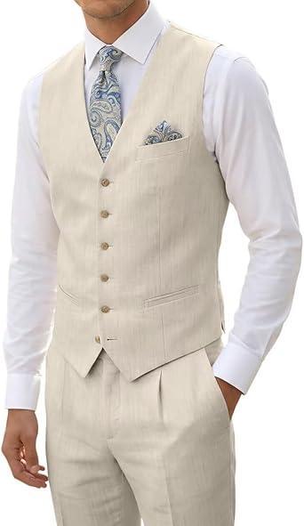 Visit the High-End Suits Store High-End Suits Linen Suits for Men Beach Summer Wedding Groomsmen 2 Piece Silm Fit Casual Light Suit Men's Tuxedos Vest Pant