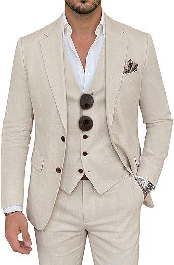 Visit the ZKHOECR Store Men's Suit 3 Piece Linen Suits Slim Fit Suit Blazer Vest Pants Set Wedding Prom Tuxedos Business Casual Suit
