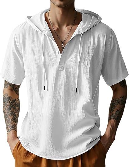 Visit the LINENNMAIN Store Men's Cotton Linen Shirts Short Sleeve Casual Button Down Hoodies Summer Hawaiian Beach Top with Drawstring