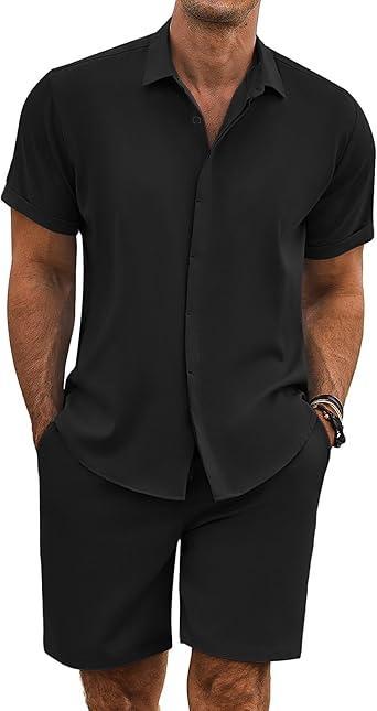 Visit the COOFANDY Store COOFANDY Men's Summer Beach Outfits 2 Piece Short Sleeve Shirts and Shorts Vacation Texture Linen Sets for Men