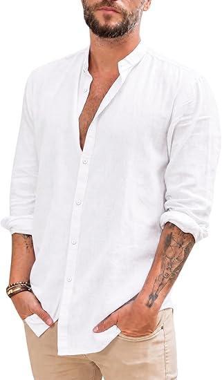 Visit the Makkrom Store Makkrom Men Linen Shirt Button Down Long Sleeve Cotton Beach Band Collar Casual Summer Shirts