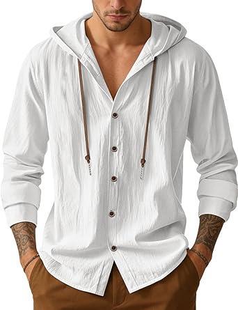 Visit the QOSOQ Store Mens Cotton Linen Button Down Hoodies Long Sleeve Casual Hoodies Hawaiian Beach Top Lightweight Fashion Shirts