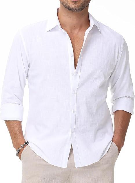Brand: EOUOSS Linen Shirts for Men Casual Button Down Long Sleeve Shirt Solid Summer Beach Hawaiian Shirts