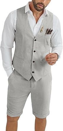 Visit the HUEZOE Store Mens Linen Suit 2 Piece Short Suits for Men Casual Summer Beach Groom Wedding Suit Linen Vest Shorts Set