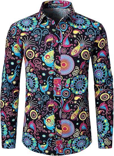 Visit the PARKLEES Store PARKLEES Men's Cotton Linen-Like 70s Disco Retro Traditional Pattern Printed Long Sleeve Button Down Shirt