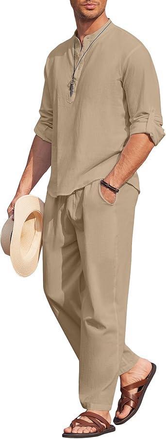 Visit the COOFANDY Store COOFANDY Men's 2 Pieces Cotton Linen Set Long Sleeve Henley Shirts Casual Beach Pants With Pockets Summer Yoga Outfits