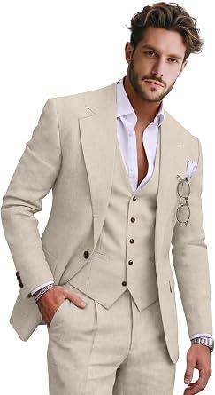 Visit the Lynerun Store Retro 3 Pieces Men Linen Suit Slim 2 Button Notch Lapel Mens Suit Tuxedo Jacket Vest Pants Set Summer Beach Wedding