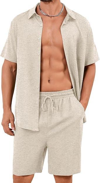 Visit the Flygo Store Flygo Men Cotton Linen Sets Outfits 2 Piece Summer Short Sleeve Shirt and Shorts Set Beach Wear Vacation Outfit