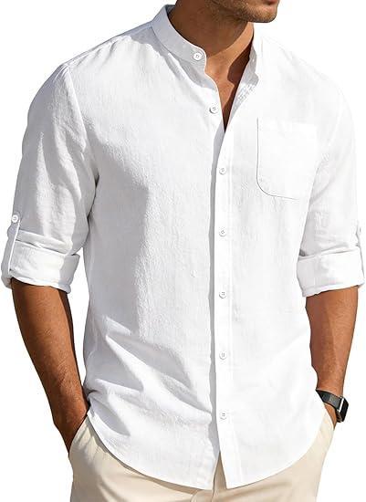 Visit the LINENNMAIN Store Men's Cotton Linen Shirts Long Sleeve Button Down Shirt Band Collar Beach Summer Casual Shirts