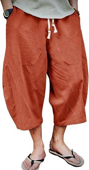 Visit the EKLENTSON Store EKLENTSON Mens Cotton Linen Capri Pants Light Loose 3/4 Long Shorts Elastic Waist Drawstring Harem Casual Beach Yoga Trousers